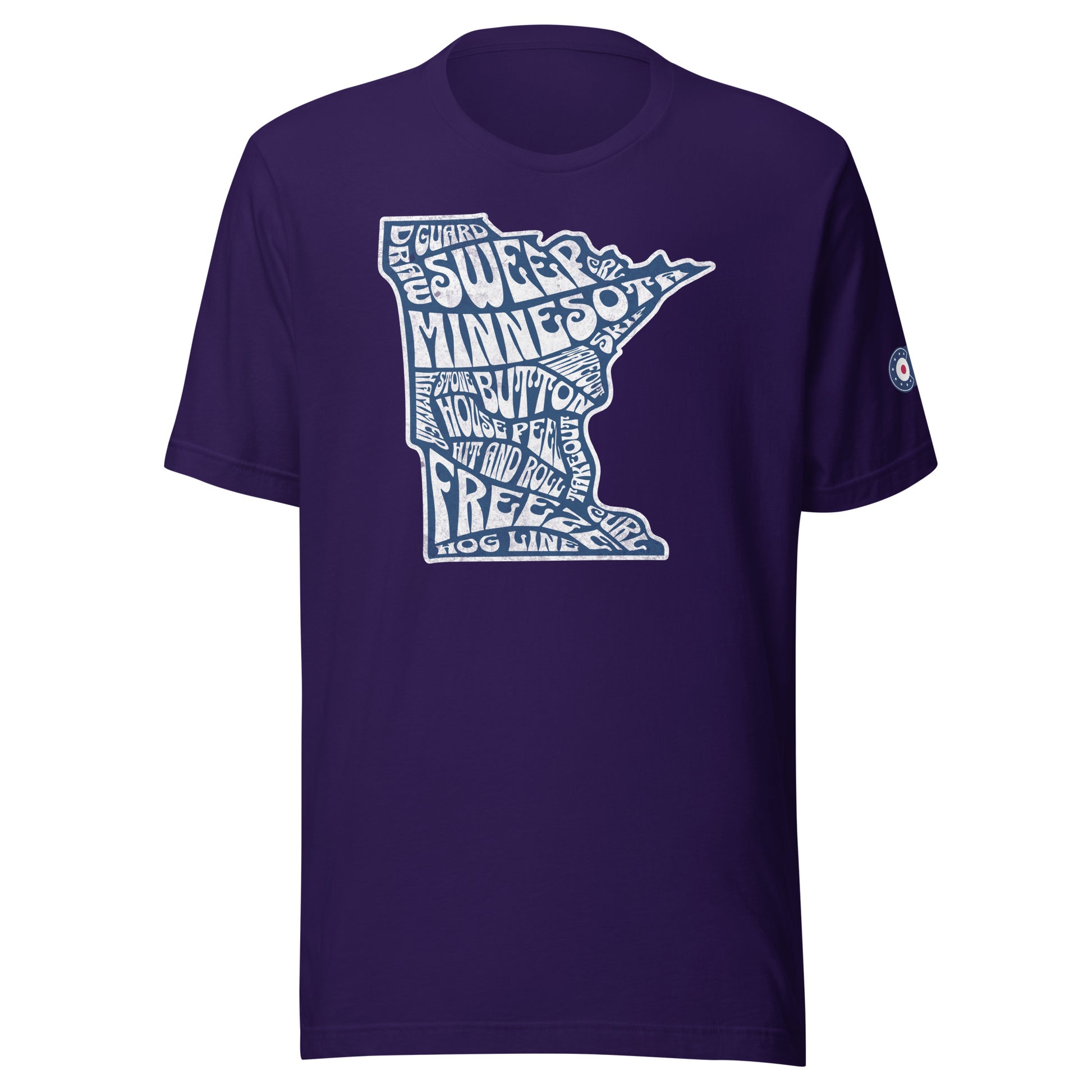 Purple CRL T-shirt featuring a white Minnesota state outline filled with curling terms such as sweep, guard, button, freeze, house, and hog line, with a small curling patch logo on the right sleeve.