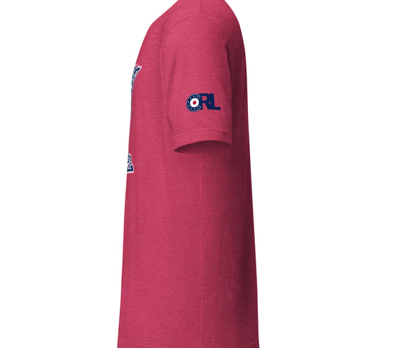 Side view of the red Minnesota Curl Culture T-Shirt by CRL, highlighting the blue CRL curling patch logo printed on the right sleeve.