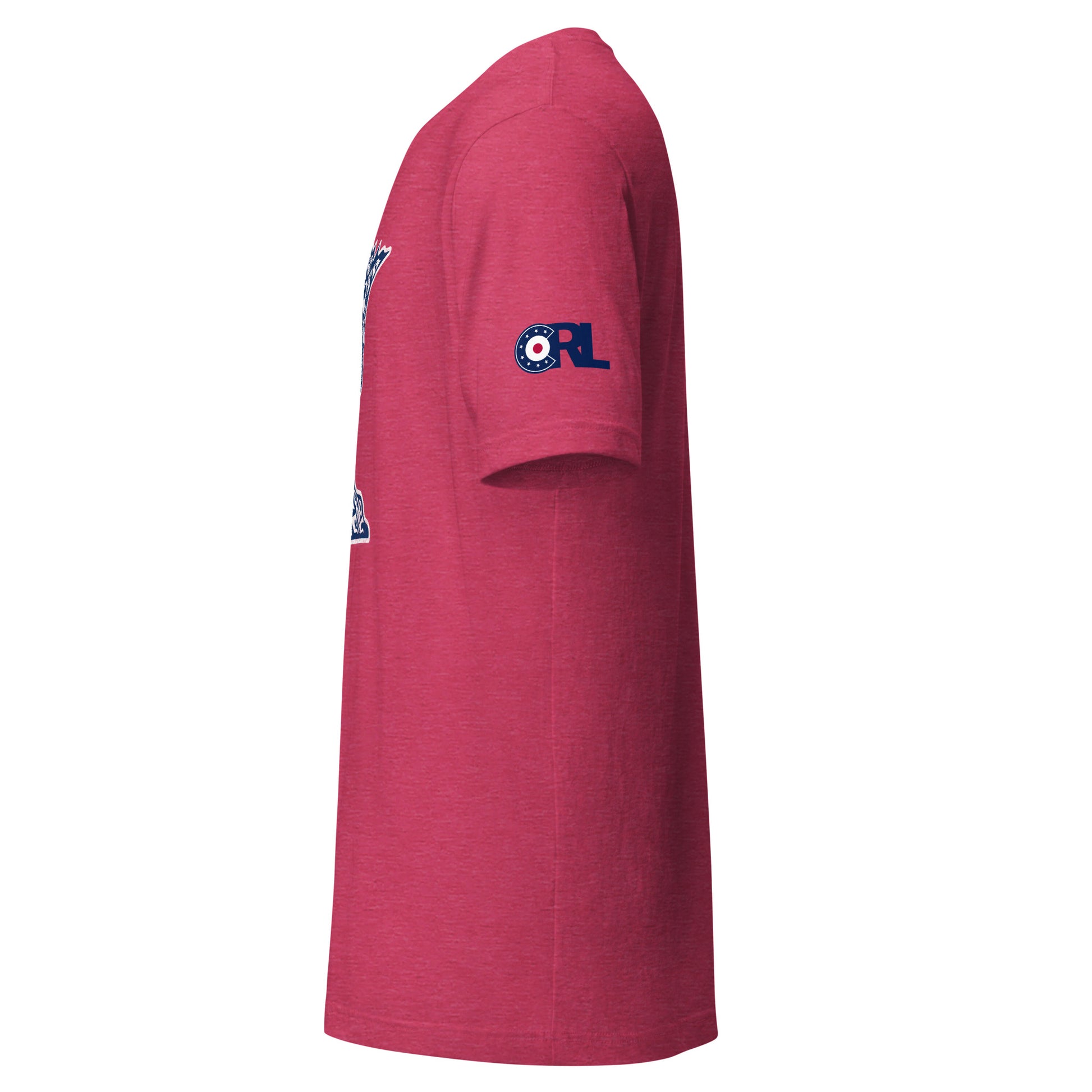 Side view of the red Minnesota Curl Culture T-Shirt by CRL, highlighting the blue CRL curling patch logo printed on the right sleeve.
