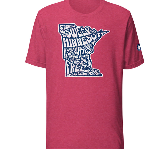 Red CRL T-shirt featuring a white Minnesota state outline filled with curling terms such as sweep, guard, button, house, freeze, and hog line, with a curling patch logo on the right sleeve.