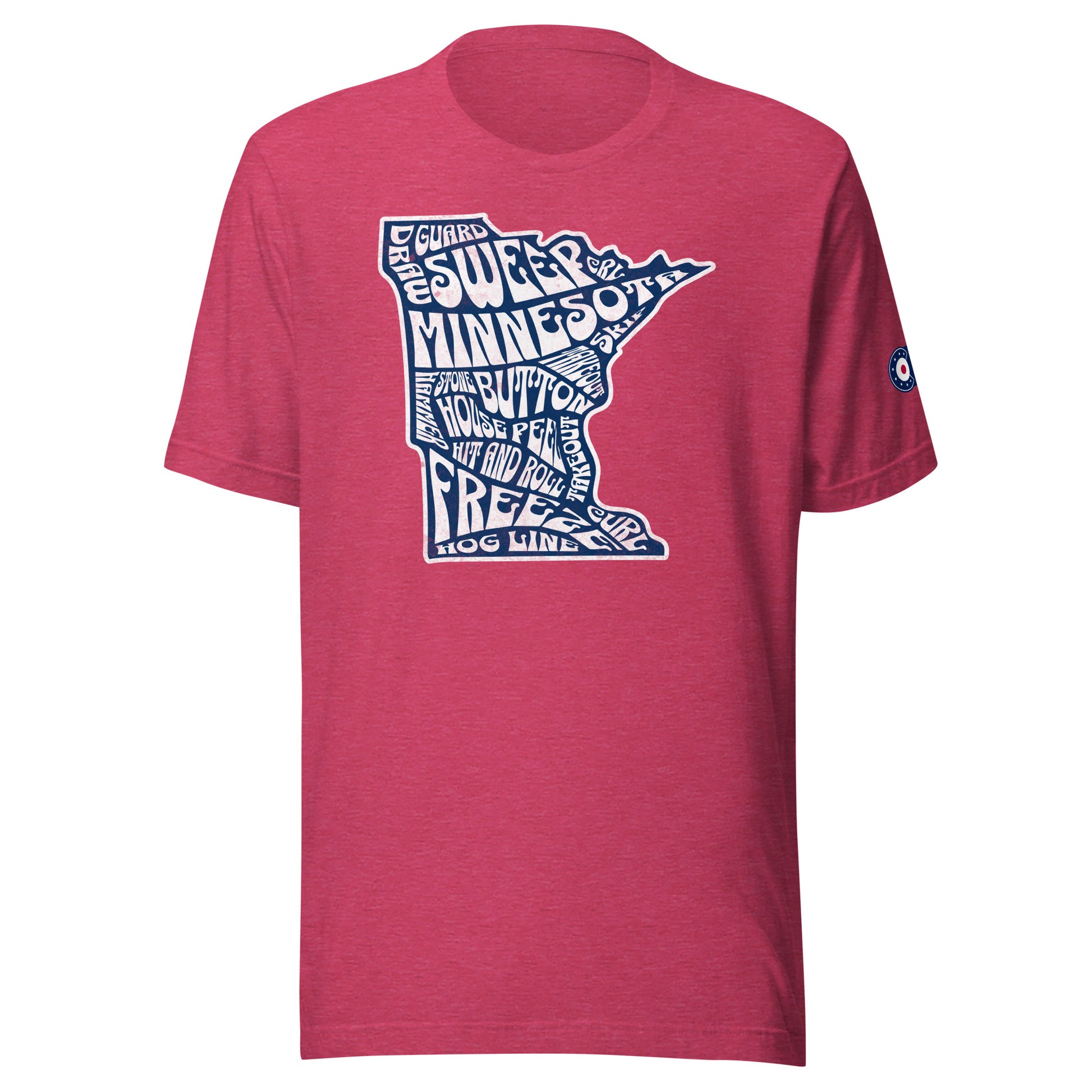 Red CRL T-shirt featuring a white Minnesota state outline filled with curling terms such as sweep, guard, button, house, freeze, and hog line, with a curling patch logo on the right sleeve.