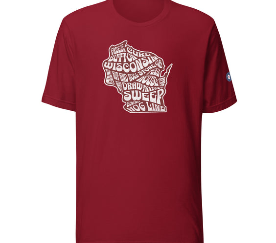 A red unisex tee with the Wisconsin Curl Culture design displayed in white and red, shaped like the Wisconsin state silhouette. A bold curling-themed shirt for everyday wear.