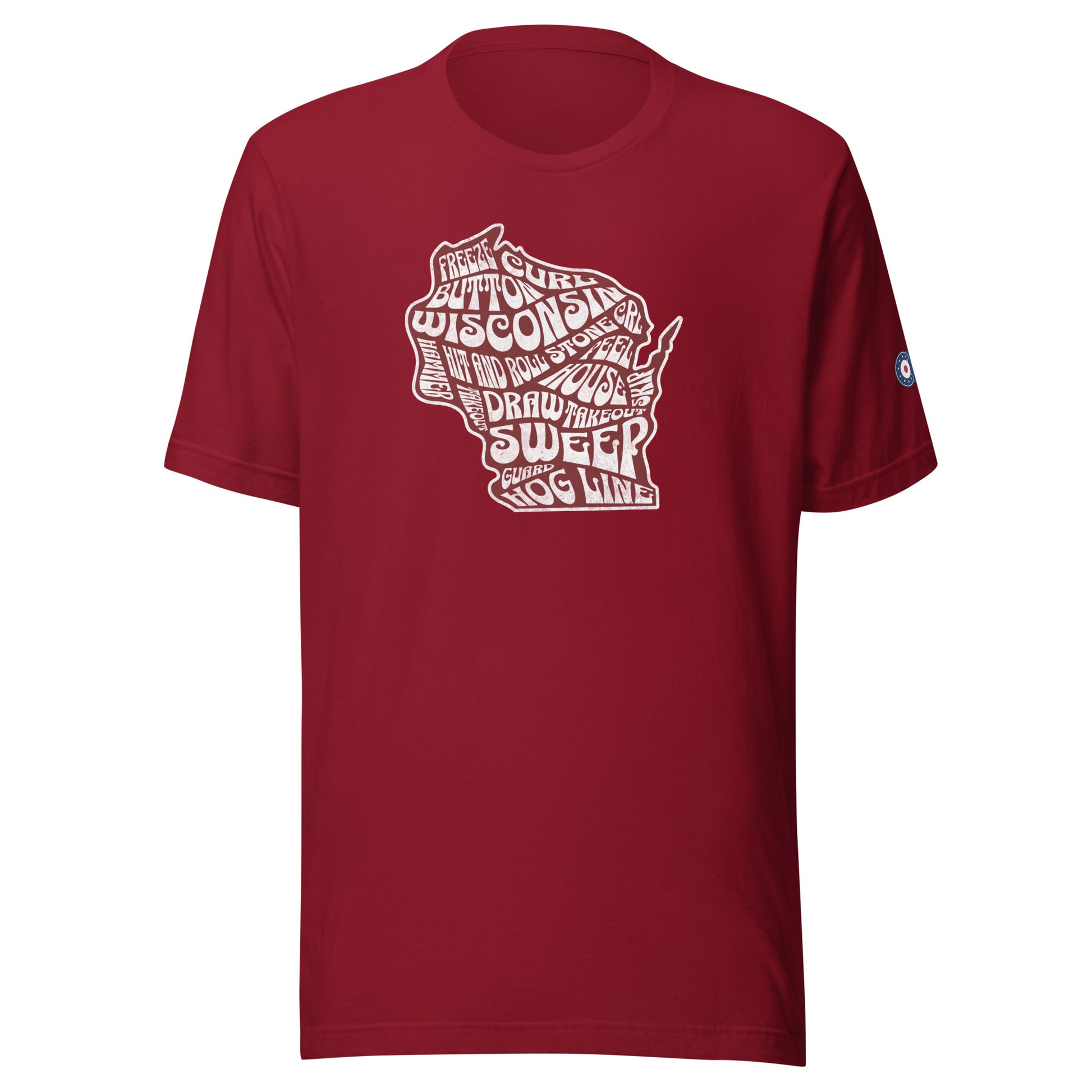 A red unisex tee with the Wisconsin Curl Culture design displayed in white and red, shaped like the Wisconsin state silhouette. A bold curling-themed shirt for everyday wear.