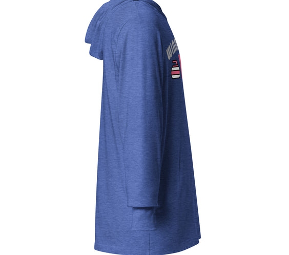 Right side view of a blue hooded long sleeve curling shirt, showing the hood, long sleeves, and a partial view of the “Winner Buys” curling design near the front.