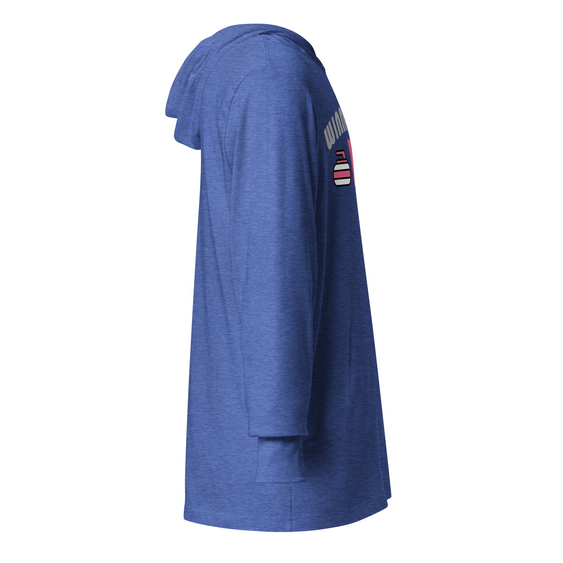 Right side view of a blue hooded long sleeve curling shirt, showing the hood, long sleeves, and a partial view of the “Winner Buys” curling design near the front.