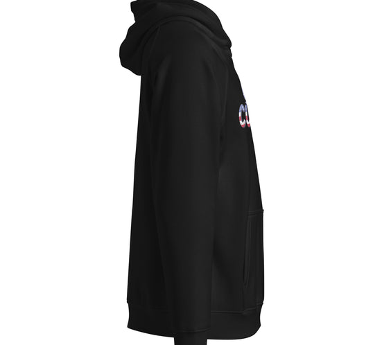Side view of black USA curling hoodie