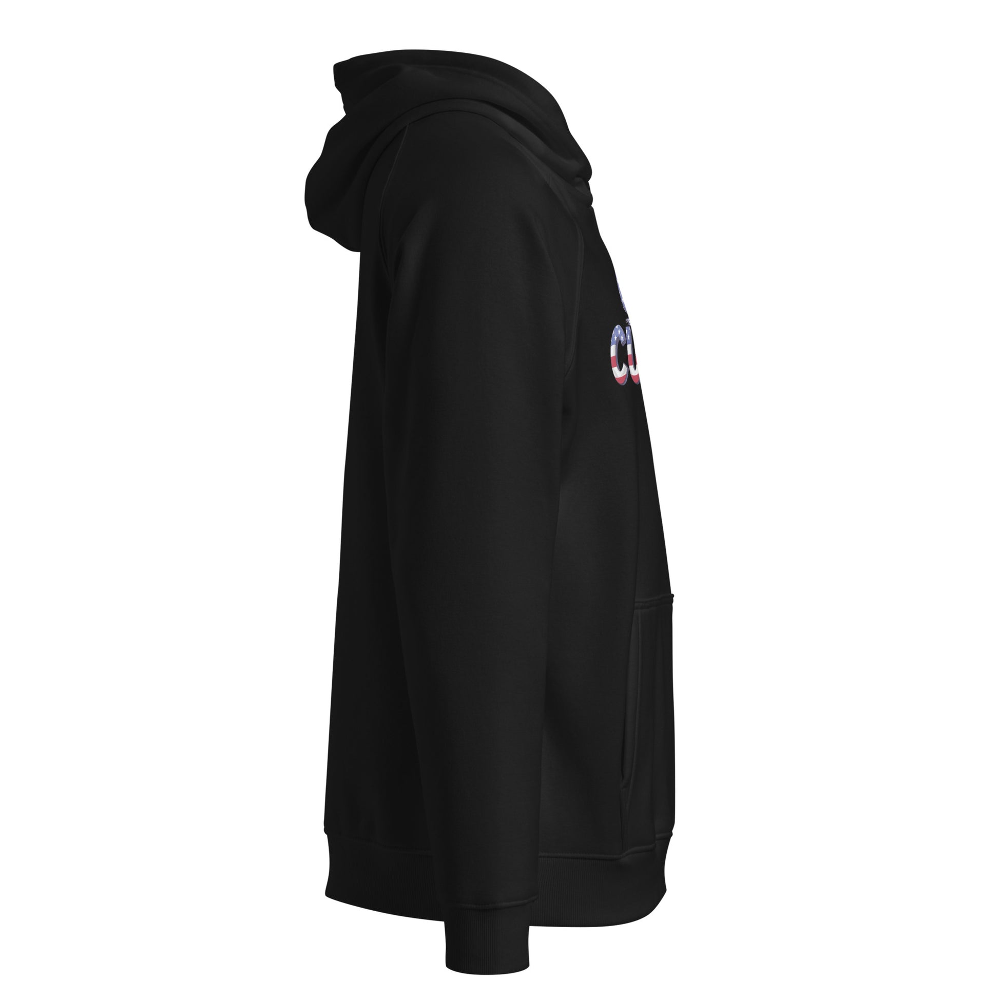 Side view of black USA curling hoodie
