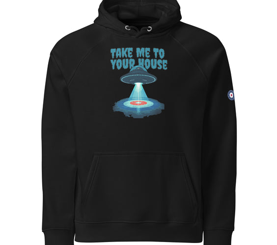 Black hoodie featuring a UFO beaming down onto a curling house with the phrase “Take Me To Your House,” plus a CRL curling-target logo on the sleeve.