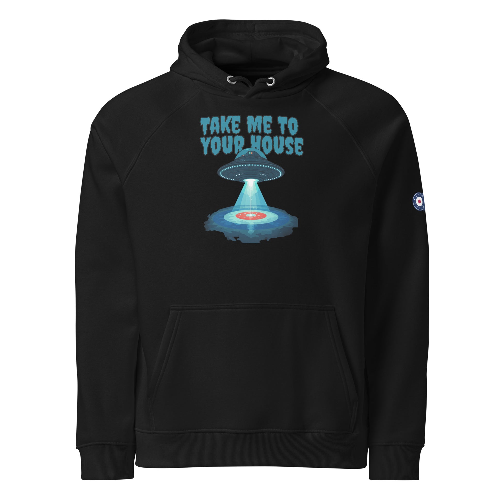 Black hoodie featuring a UFO beaming down onto a curling house with the phrase “Take Me To Your House,” plus a CRL curling-target logo on the sleeve.