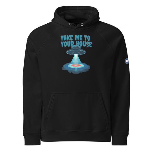 Black hoodie featuring a UFO beaming down onto a curling house with the phrase “Take Me To Your House,” plus a CRL curling-target logo on the sleeve.