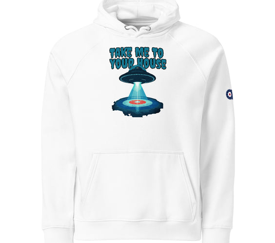 White hoodie featuring a UFO beaming down onto a curling house with the phrase “Take Me To Your House,” plus a CRL curling-target logo on the sleeve.