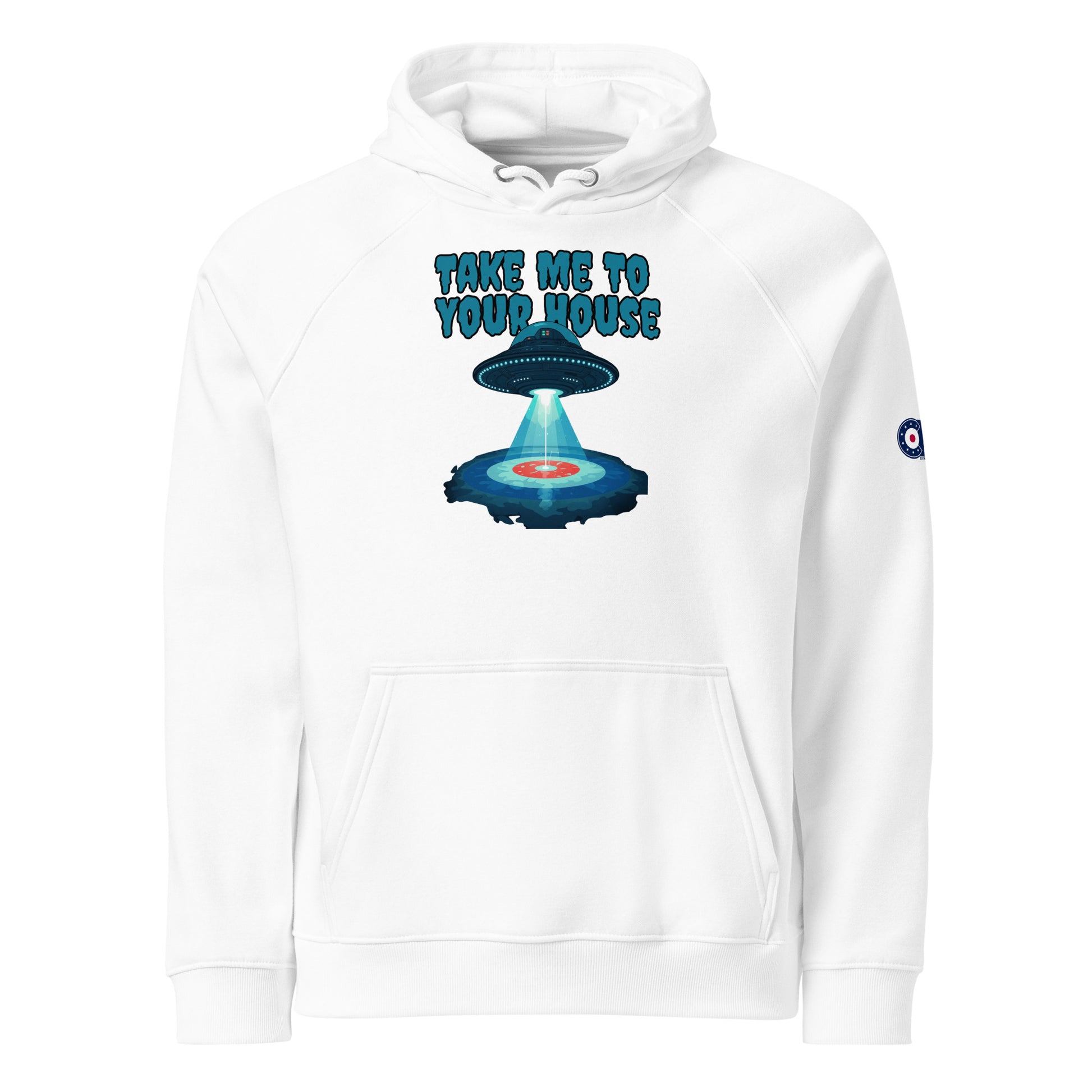 White hoodie featuring a UFO beaming down onto a curling house with the phrase “Take Me To Your House,” plus a CRL curling-target logo on the sleeve.