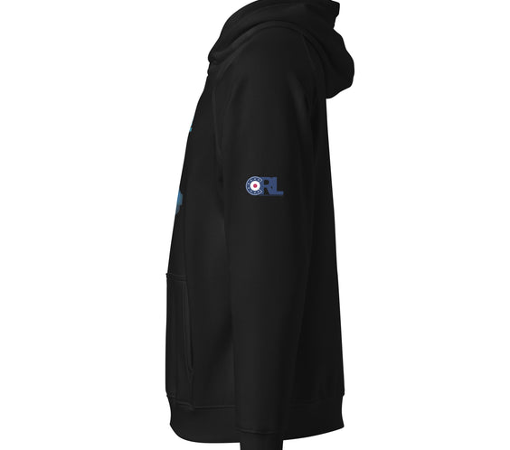 Side view of the black “Take Me To Your House” curling hoodie showing the CRL logo printed on the sleeve, with part of the UFO curling graphic visible on the front.