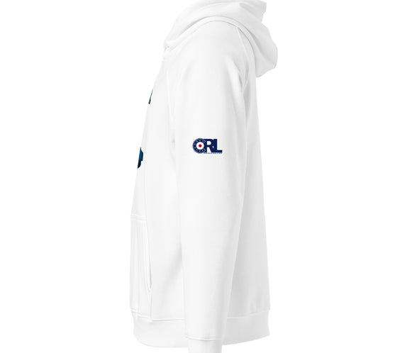 Side view of the white “Take Me To Your House” curling hoodie showing the CRL logo printed on the sleeve, with part of the UFO curling graphic visible on the front.