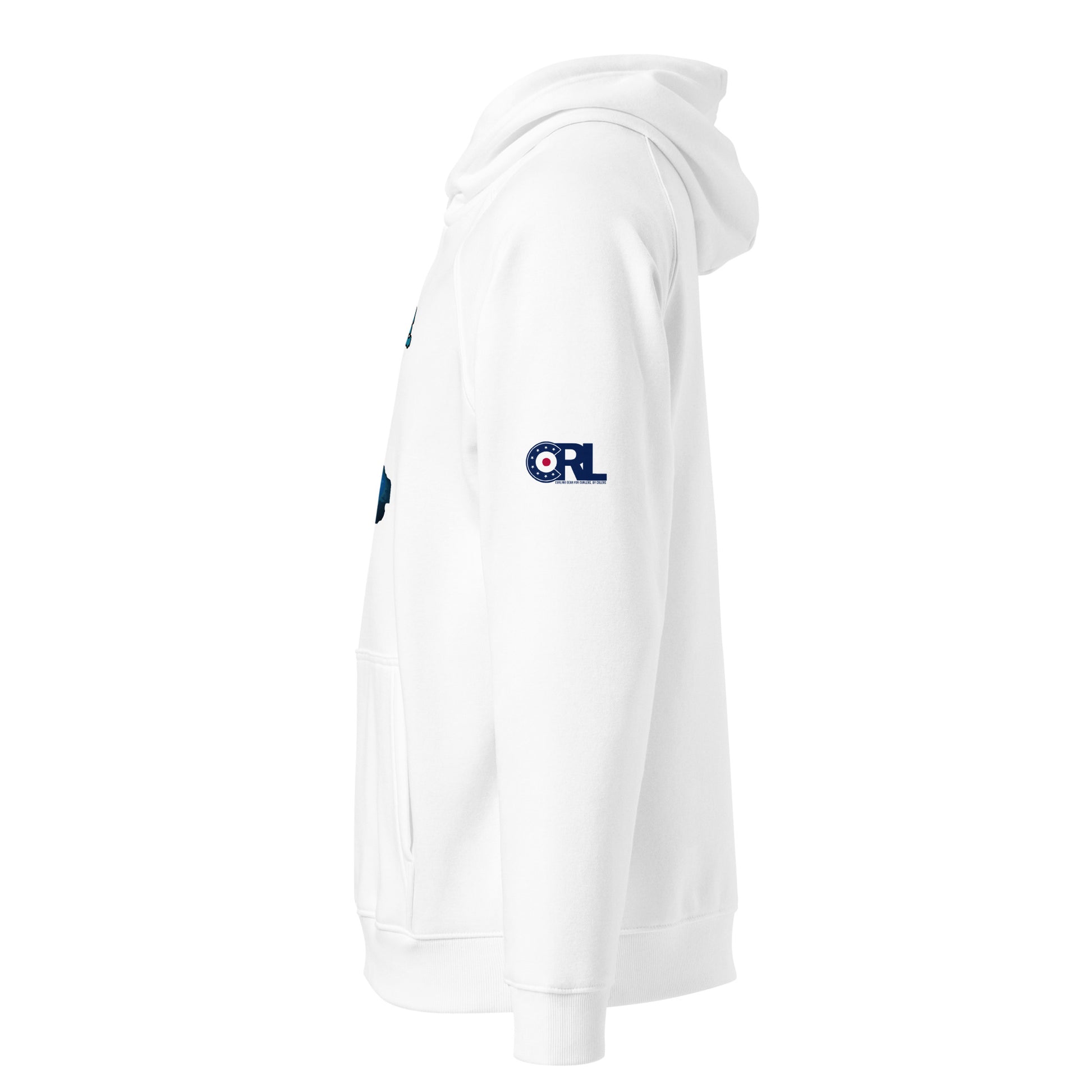 Side view of the white “Take Me To Your House” curling hoodie showing the CRL logo printed on the sleeve, with part of the UFO curling graphic visible on the front.
