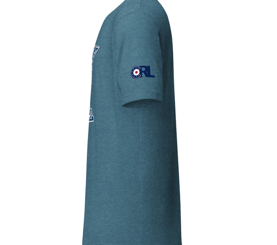Side view of the teal Minnesota Curl Culture T-Shirt by CRL, highlighting the right sleeve detail with the blue CRL curling patch logo.