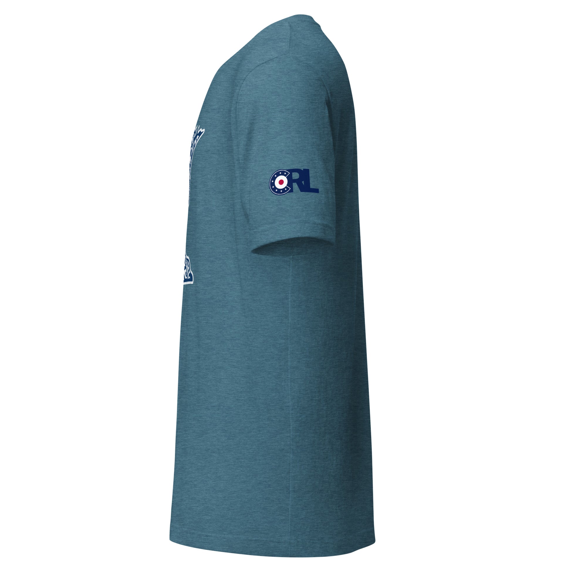 Side view of the teal Minnesota Curl Culture T-Shirt by CRL, highlighting the right sleeve detail with the blue CRL curling patch logo.