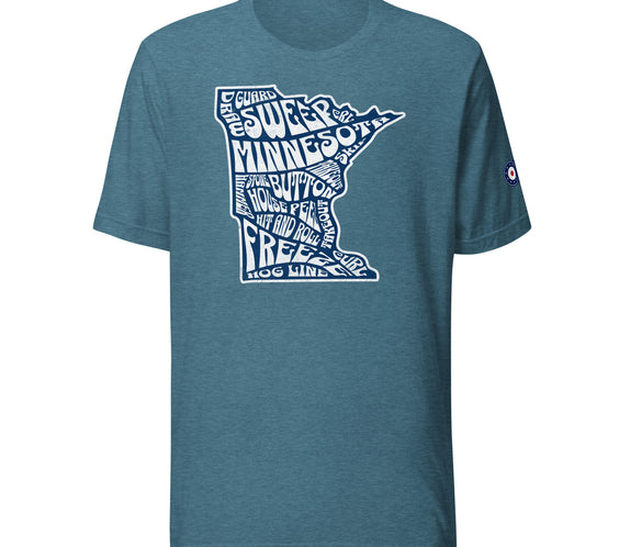 Teal CRL T-shirt featuring a white Minnesota state outline filled with curling terms like sweep, guard, button, house, freeze, and hog line, with a curling patch logo on the right sleeve.