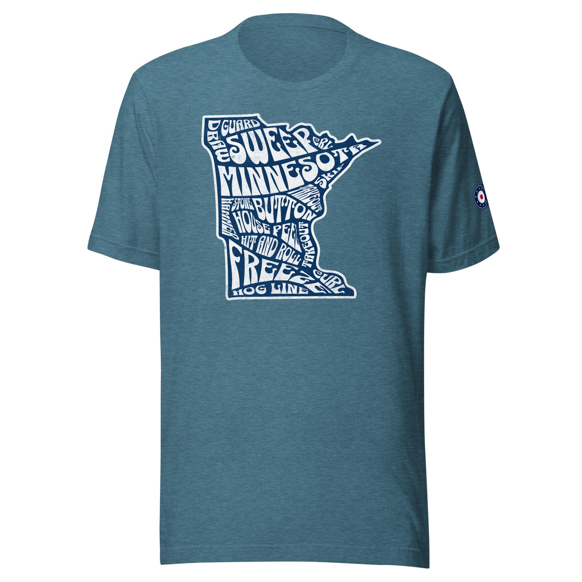 Teal CRL T-shirt featuring a white Minnesota state outline filled with curling terms like sweep, guard, button, house, freeze, and hog line, with a curling patch logo on the right sleeve.