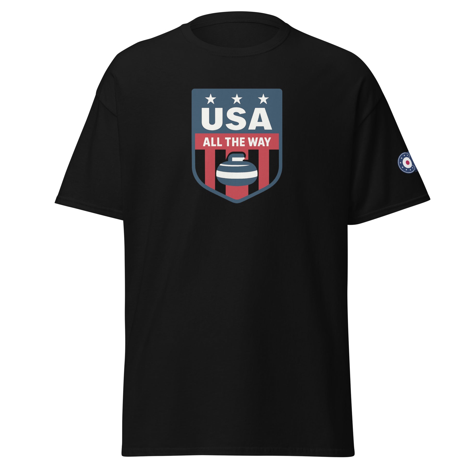 Black unisex T-shirt with “USA All The Way” curling shield logo in red, white, blue, plus curling target emblem on sleeve.