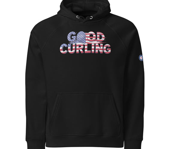 Black (or alternate color) unisex hoodie featuring USA All The Way curling shield design on front.