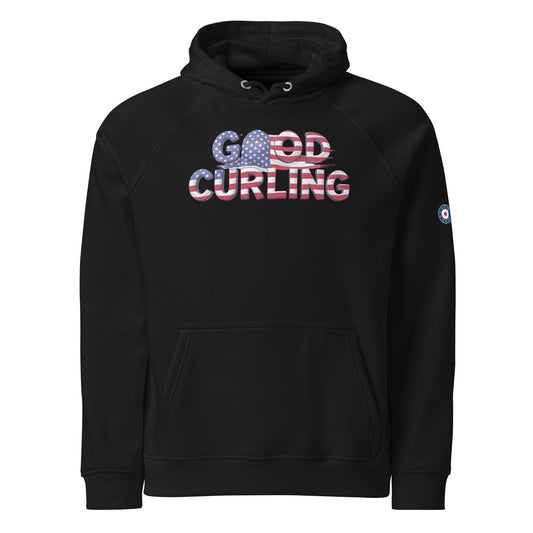 Black (or alternate color) unisex hoodie featuring USA All The Way curling shield design on front.