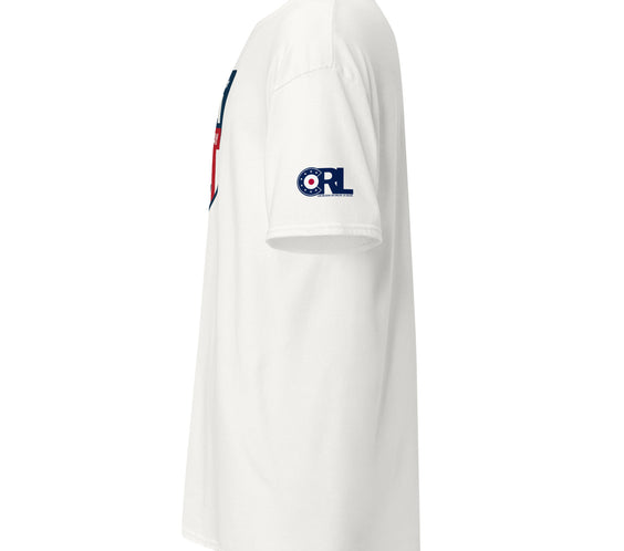 Front view of white USA curling T-shirt showing red / white / blue curling-stone shield graphic, ideal for fans of Team USA curling.