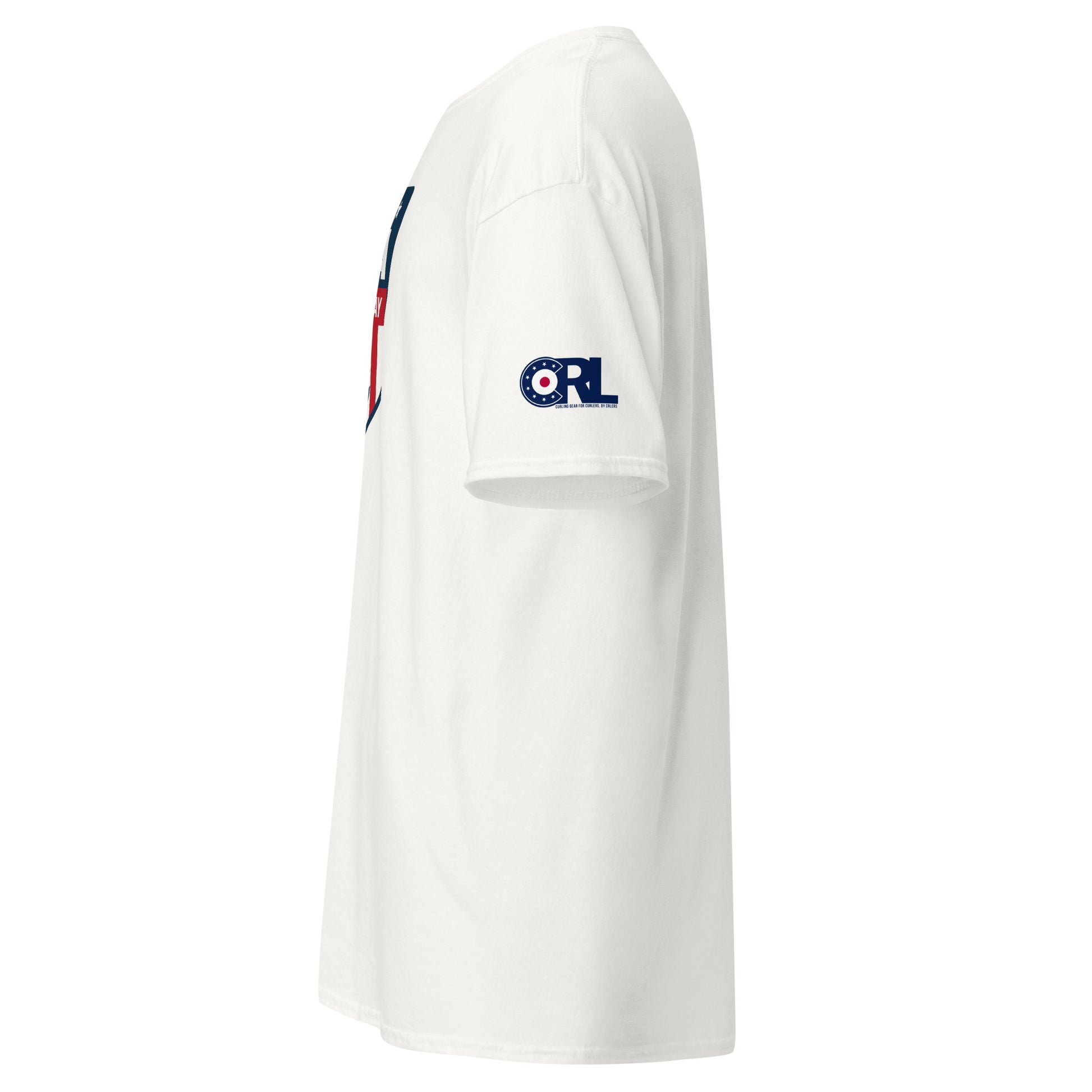 Front view of white USA curling T-shirt showing red / white / blue curling-stone shield graphic, ideal for fans of Team USA curling.