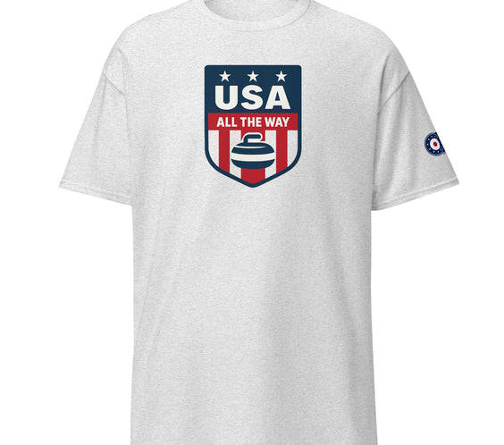 Grey (heather / ash) unisex T-shirt featuring USA All The Way curling shield logo — front view