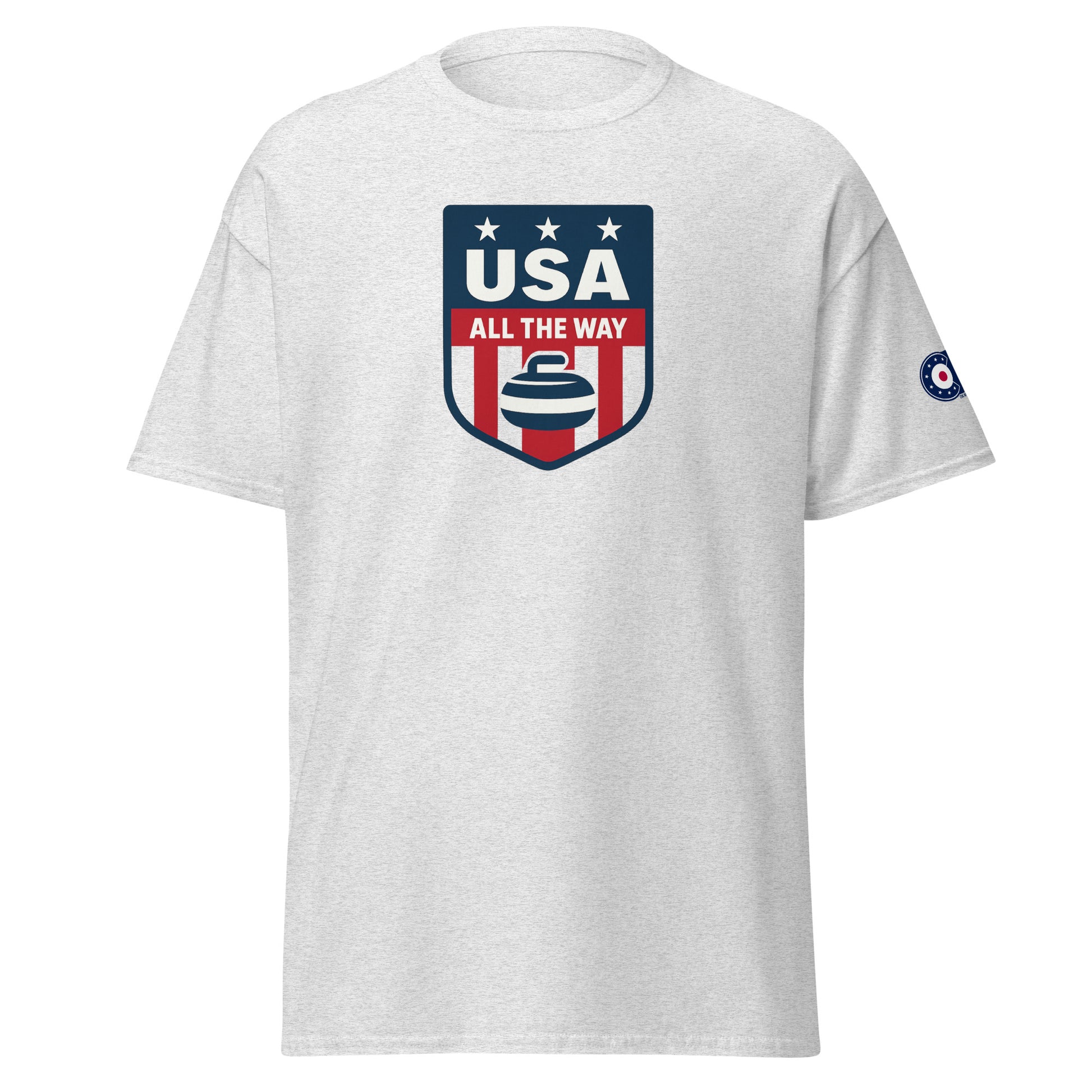 Grey (heather / ash) unisex T-shirt featuring USA All The Way curling shield logo — front view