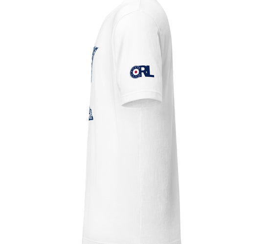 Side view of the white Minnesota Curl Culture T-Shirt by CRL, showing the navy CRL curling patch logo printed on the right sleeve.