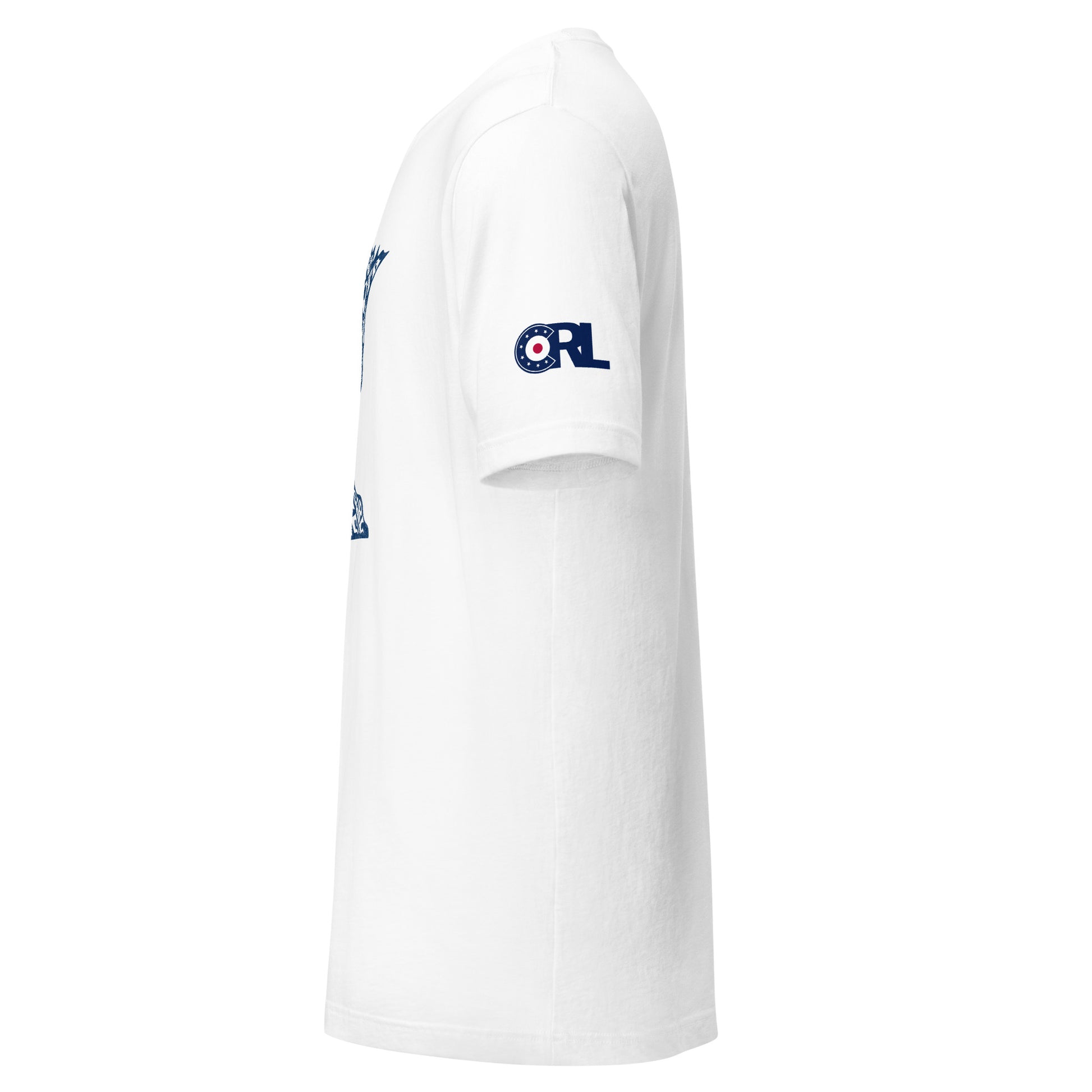Side view of the white Minnesota Curl Culture T-Shirt by CRL, showing the navy CRL curling patch logo printed on the right sleeve.