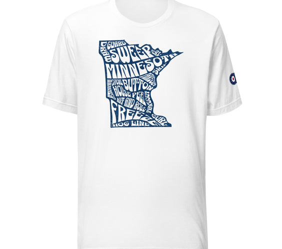 White CRL T-shirt featuring a navy Minnesota state outline filled with curling terms such as sweep, guard, button, house, freeze, and hog line, with a curling patch logo on the right sleeve.