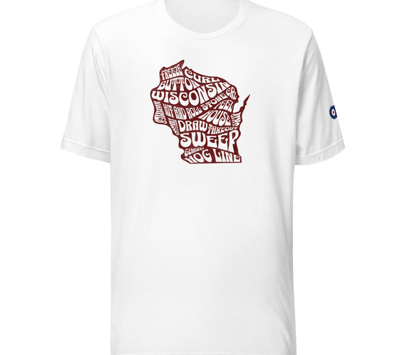 A white unisex T-shirt featuring the Wisconsin Curl Culture state-shaped design in red lettering. Clean, crisp curling apparel celebrating Wisconsin curling pride.