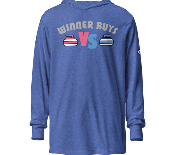Front view of a blue hooded long sleeve curling shirt featuring the “Winner Buys” design across the chest with two curling stones and a bold VS graphic. The shirt has long sleeves, a relaxed fit, and a small curling-themed logo on the left sleeve.