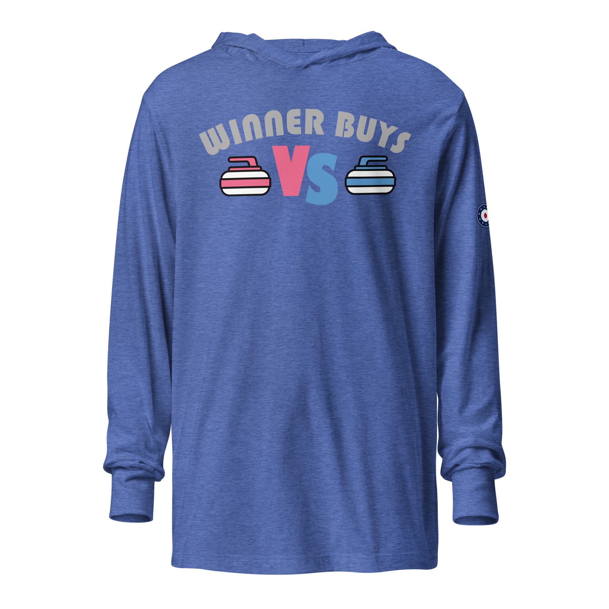 Front view of a blue hooded long sleeve curling shirt featuring the “Winner Buys” design across the chest with two curling stones and a bold VS graphic. The shirt has long sleeves, a relaxed fit, and a small curling-themed logo on the left sleeve.