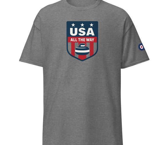 Grey (heather) unisex T-shirt featuring USA All The Way curling shield logo — front view.