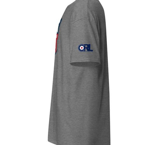 Close-up of the curling target emblem printed on the sleeve of the USA All The Way T-shirt.